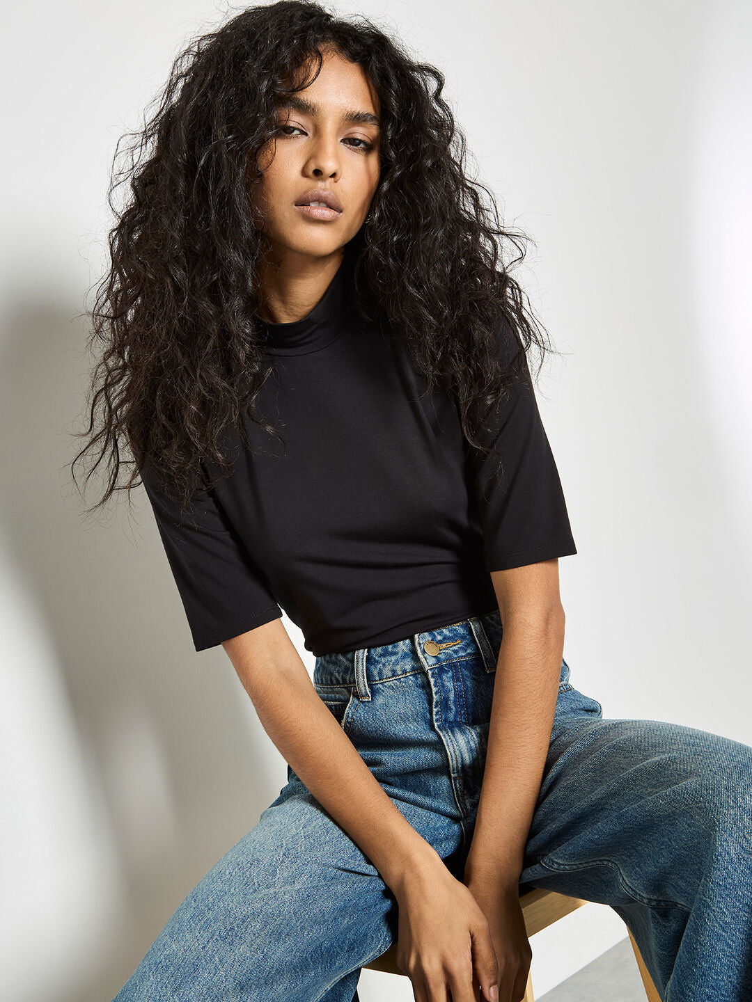 Apricot Lyocell Mock Neck Half Sleeve Top