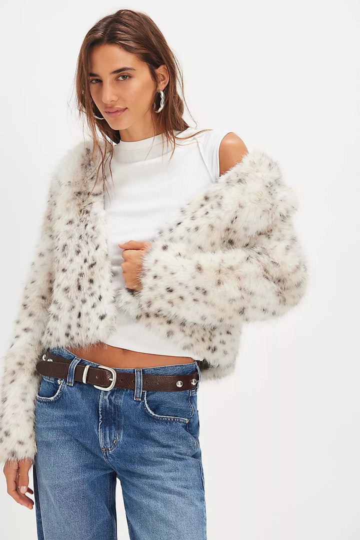 Free People Louder Please Hooded Faux Fur Jacket / Snow Leopard