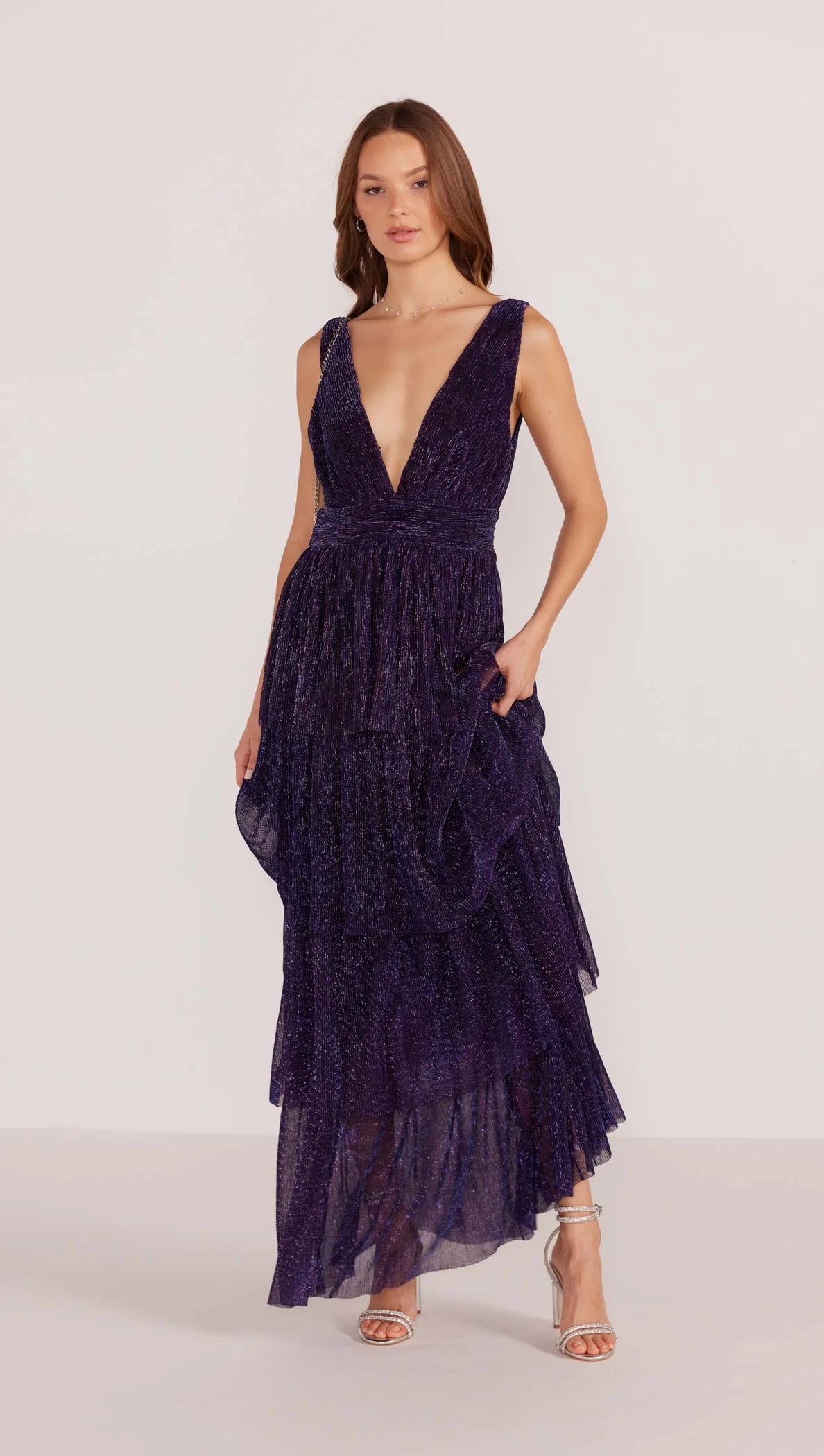 Enya Lurex Plisse Midi Purple Sparkle Dress