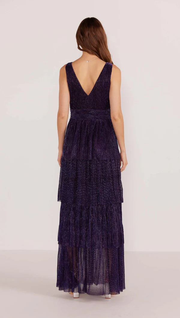 Enya Lurex Plisse Midi Purple Sparkle Dress
