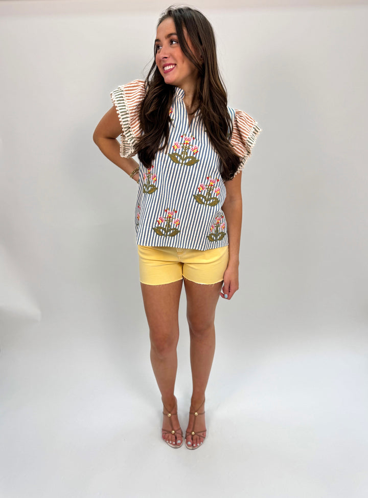 Flutter Sleeve Embroidered Striped Top