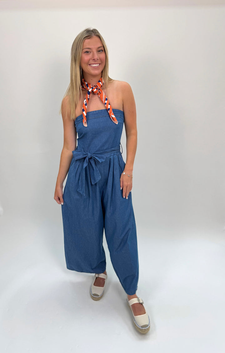 Strapless Smock Back Romper w/ Tie Belt