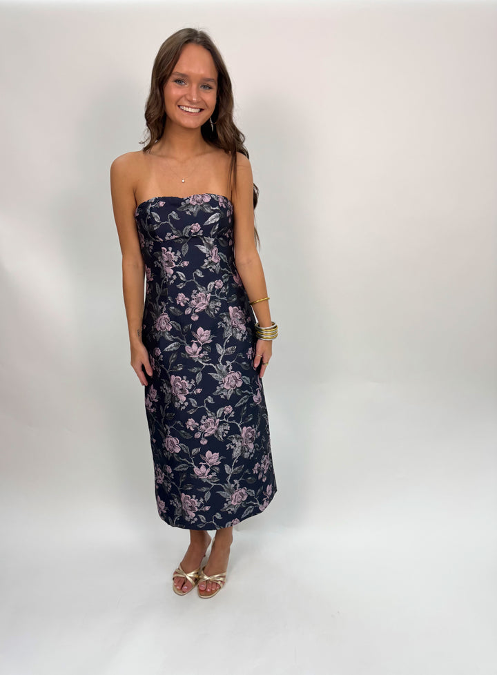 Perla Jacquard Strapless Midi Dress