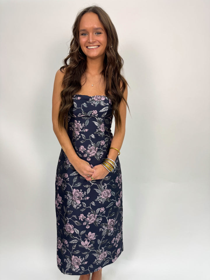 Perla Jacquard Strapless Midi Dress