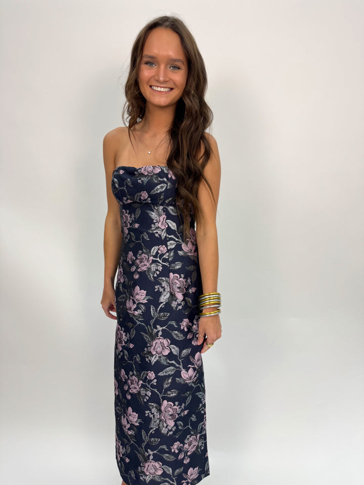 Perla Jacquard Strapless Midi Dress