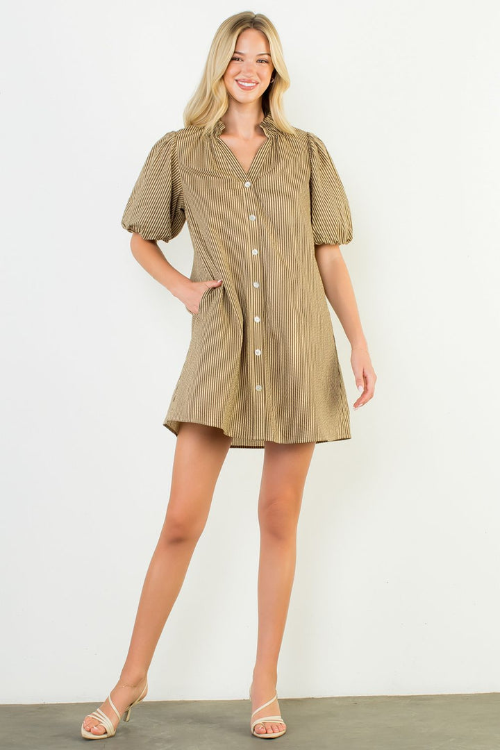 Puff Sleeve Striped Button Up Dress