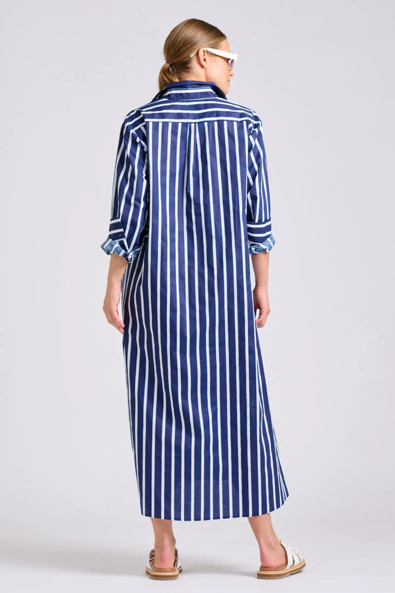 The Luna Oversized Long Line Shirt Dress - Navy Thick Stripe