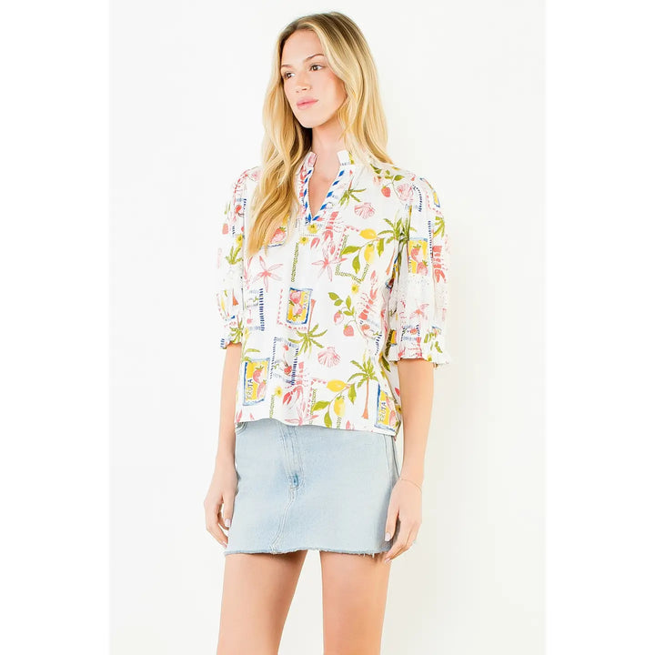 Short Sleeve Multi-Patterned Print Top | White Summer Print