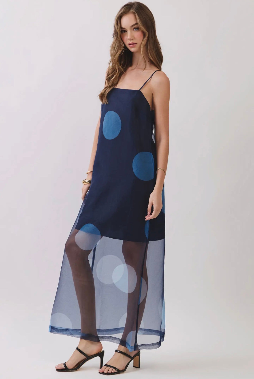 Polka Dot Sheer Overlay Maxi Dress | Navy