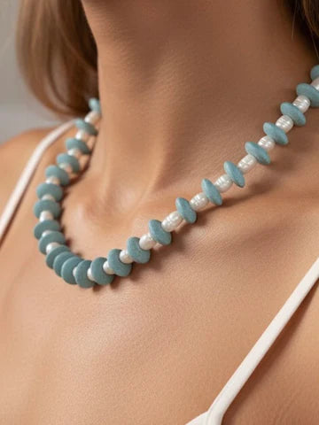 Farrah B Pearls Gone Wild Ashanti Glass and Pearl Beaded Necklace Turquoise 