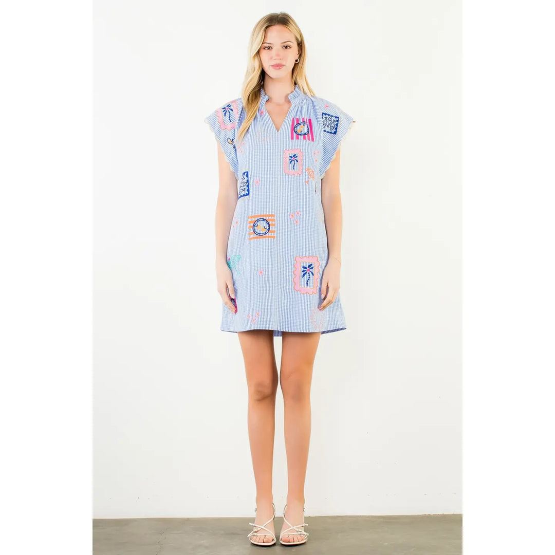 Short Sleeve Embroidery Detail Gingham Dress