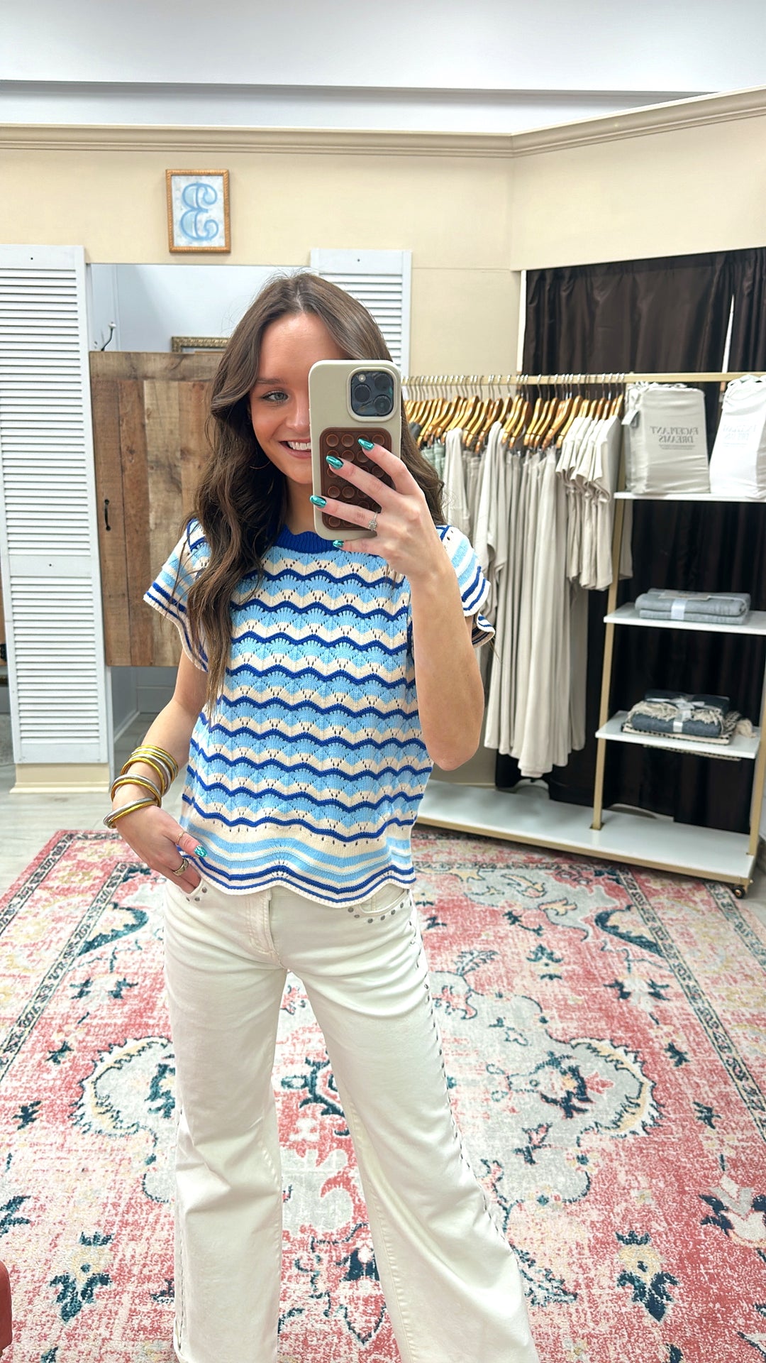 Blue Short Sleeve Striped Pattern Knit Top