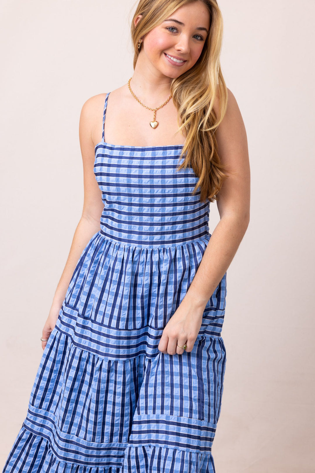 THML Thin Strap Striped Pattern Tiered Dress | Light Blue 