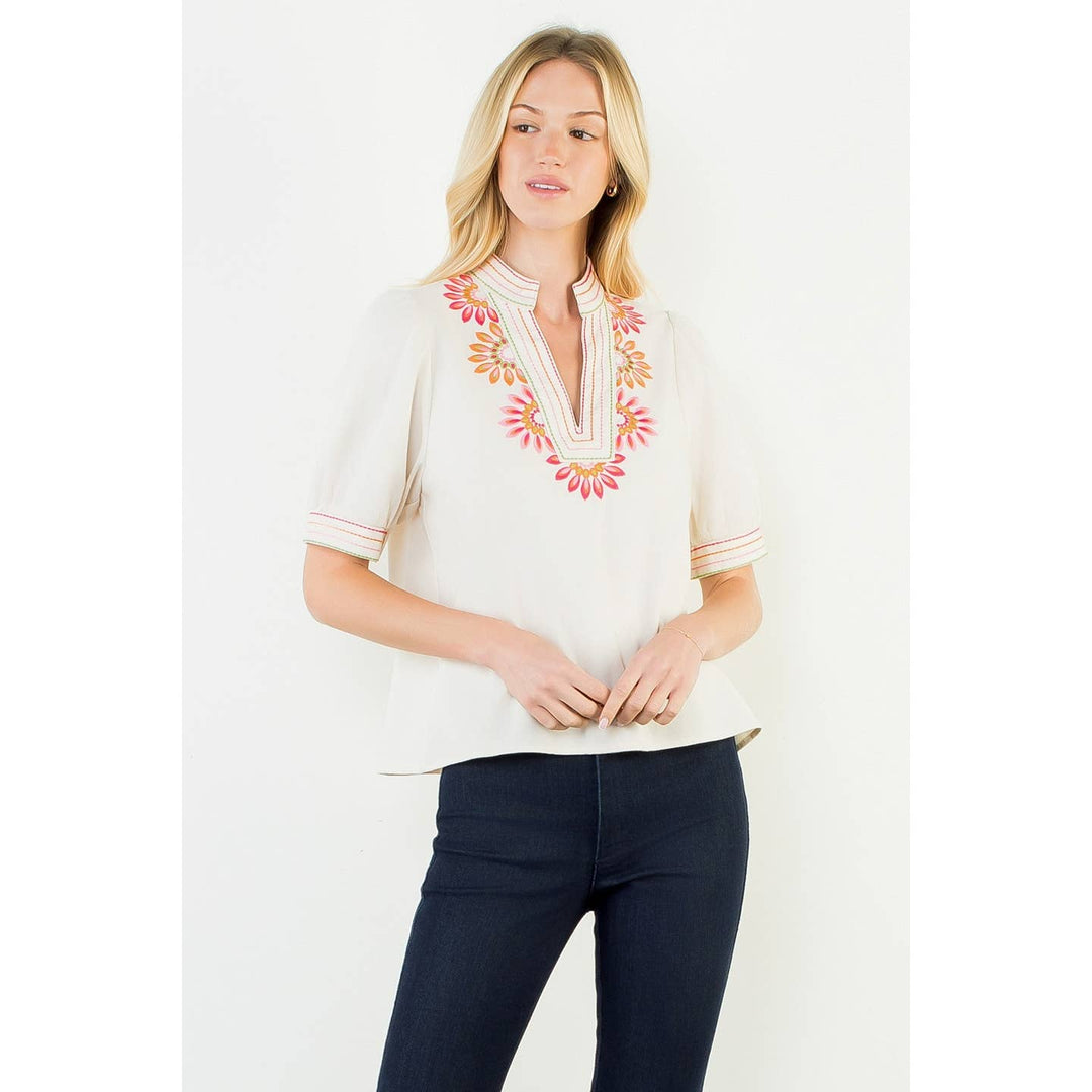 Puff Sleeve Floral Embroidery Top | Cream