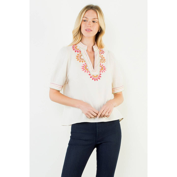 Puff Sleeve Floral Embroidery Top | Cream