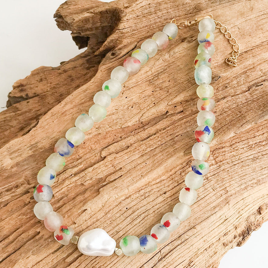 The Koko Luxe Glass Necklace with Shell Baroque Pearl