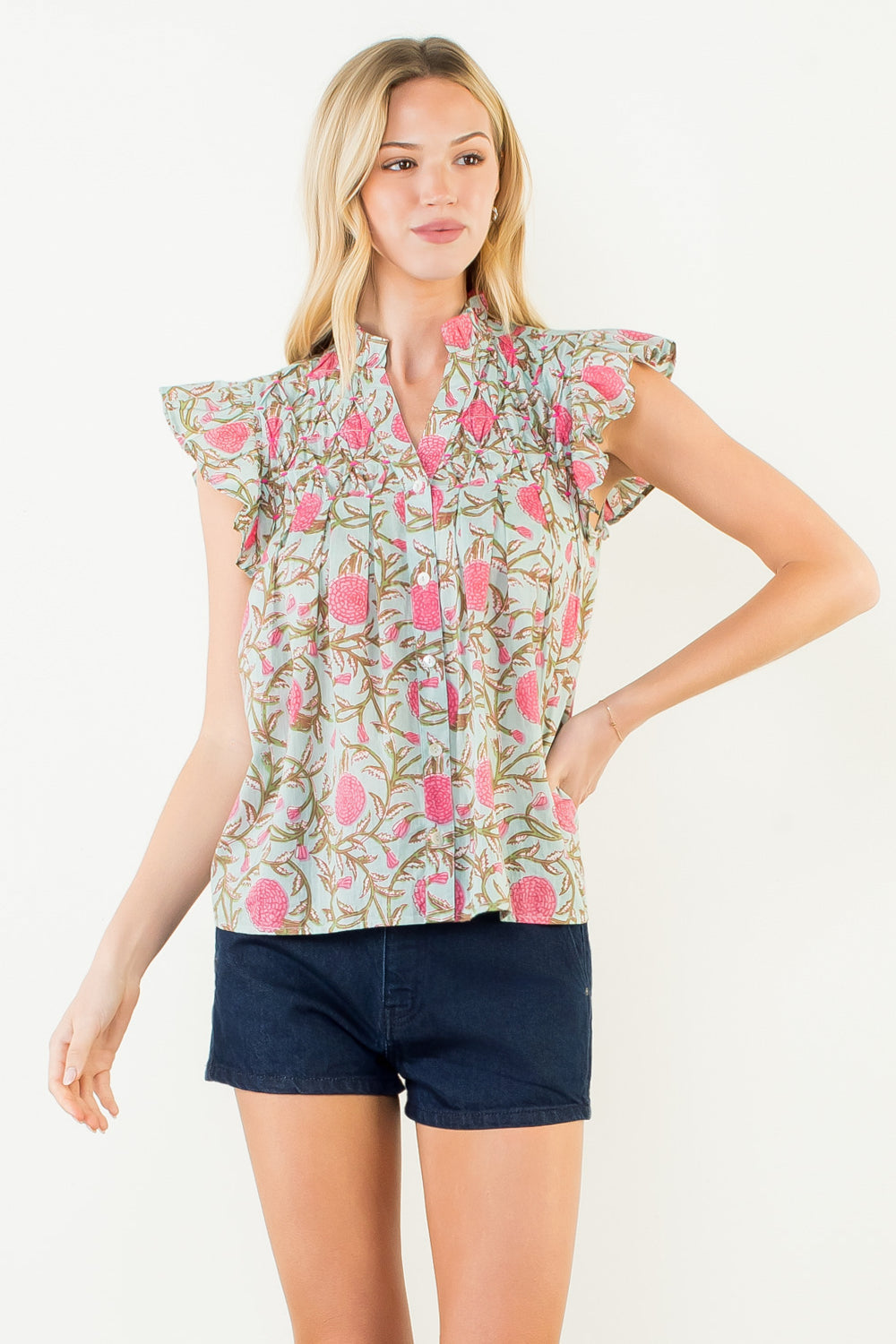 Flutter Sleeve Floral Detail Button Up Top | Mint and Pink