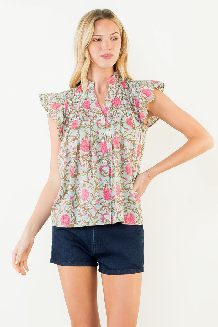 Flutter Sleeve Floral Detail Button Up Top | Mint and Pink