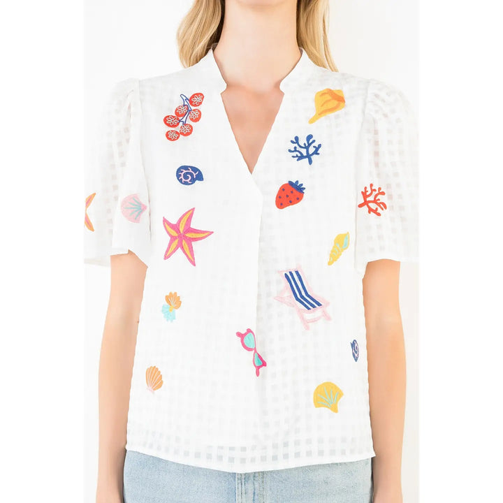 Short Sleeve Embroidery Detail Top | White Summer Print