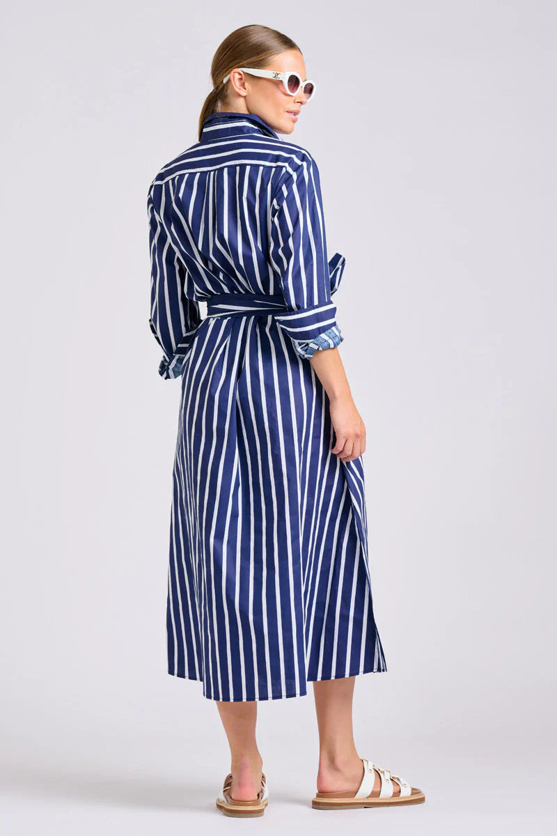 The Luna Oversized Long Line Shirt Dress - Navy Thick Stripe
