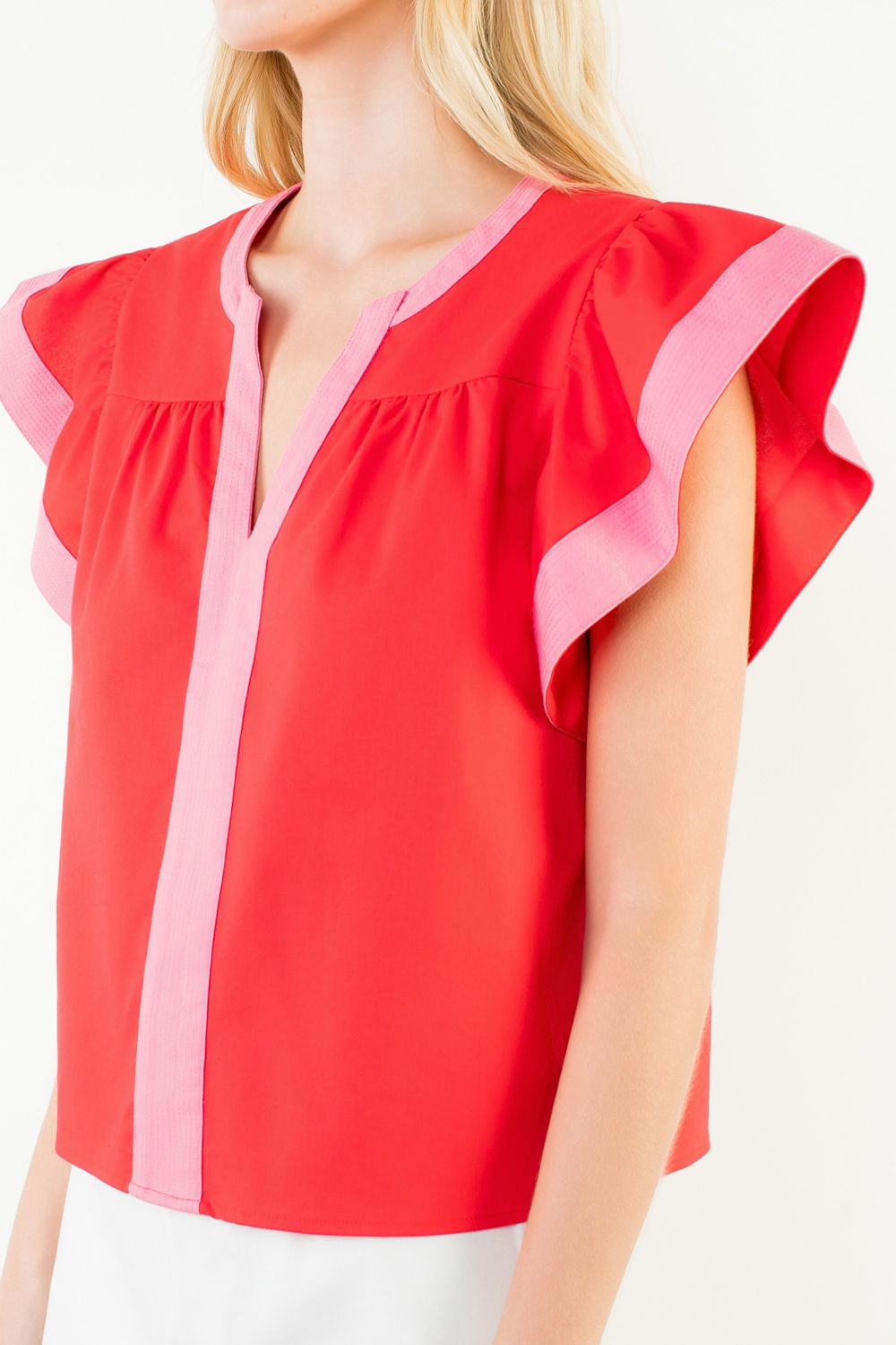 Red Flutter Sleeve V-Neck Top