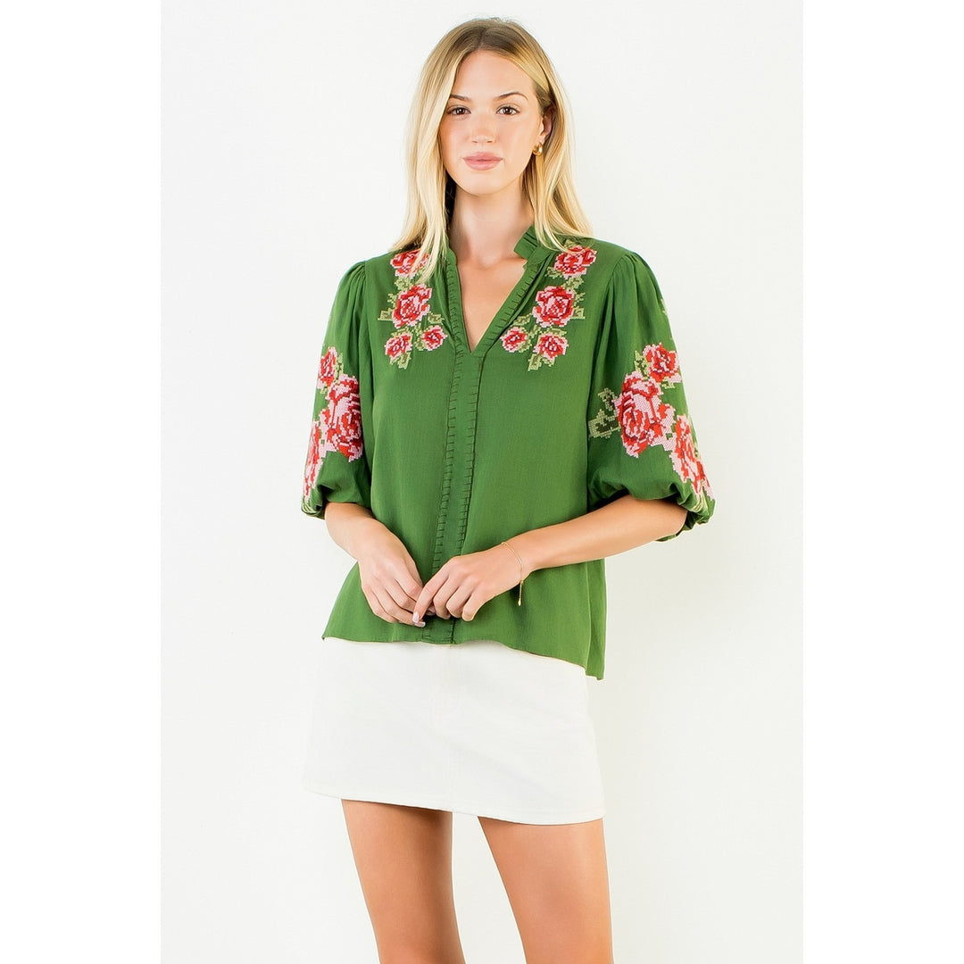 V-Neck Top with Floral Embroidery | Green