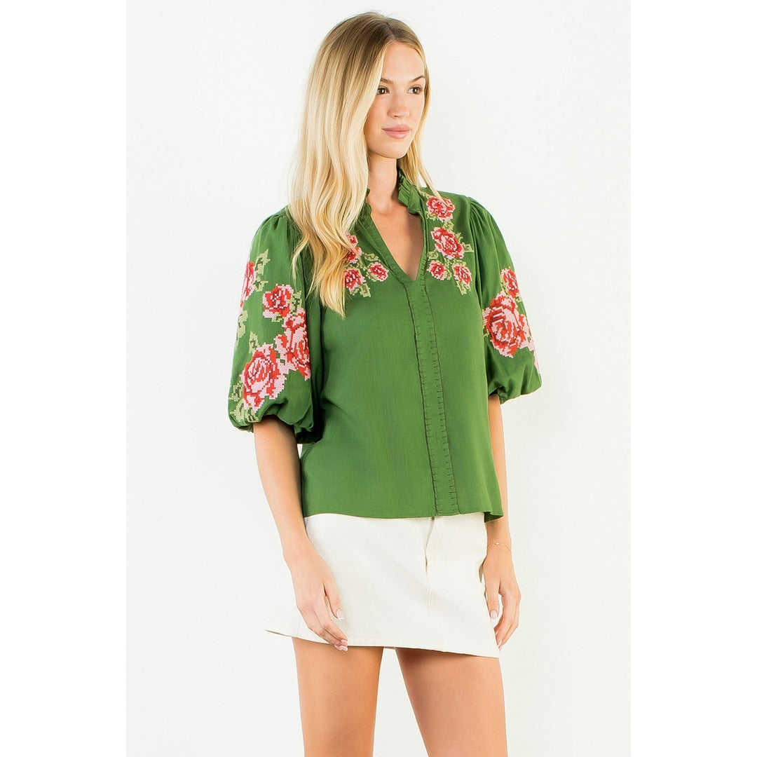 V-Neck Top with Floral Embroidery | Green