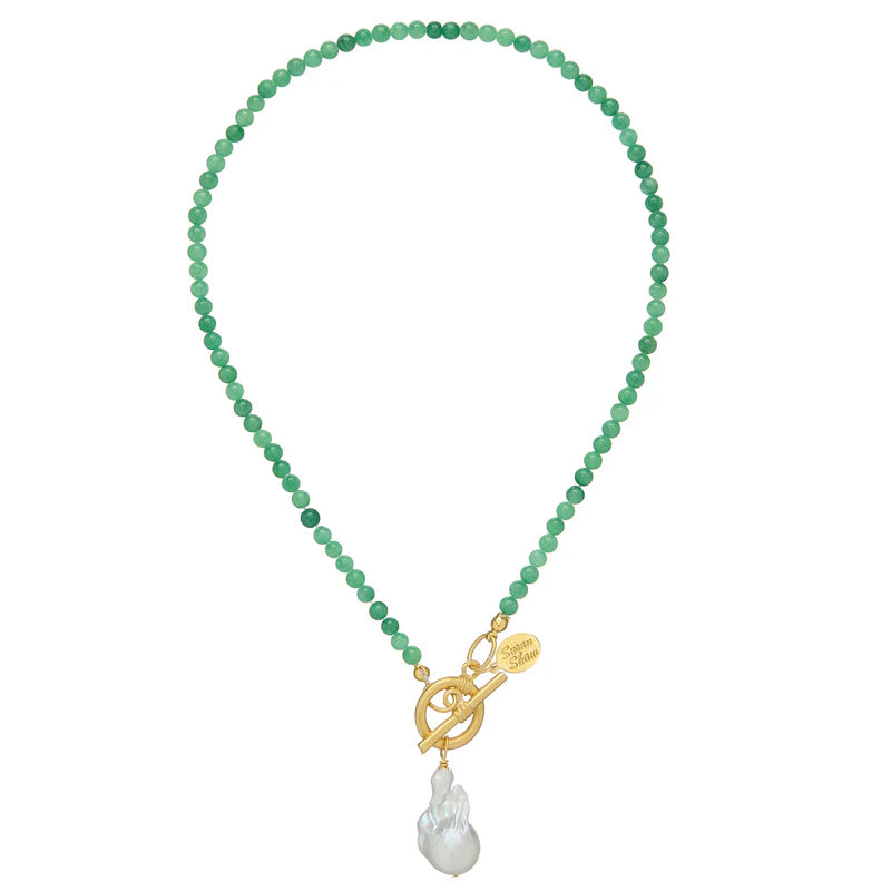 Gold Toggle Green Jade Pearl Necklace *