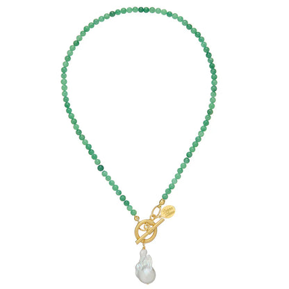 Gold Toggle Green Jade Pearl Necklace *