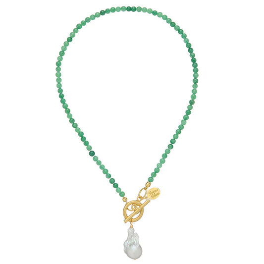 Gold Toggle Green Jade Pearl Necklace *