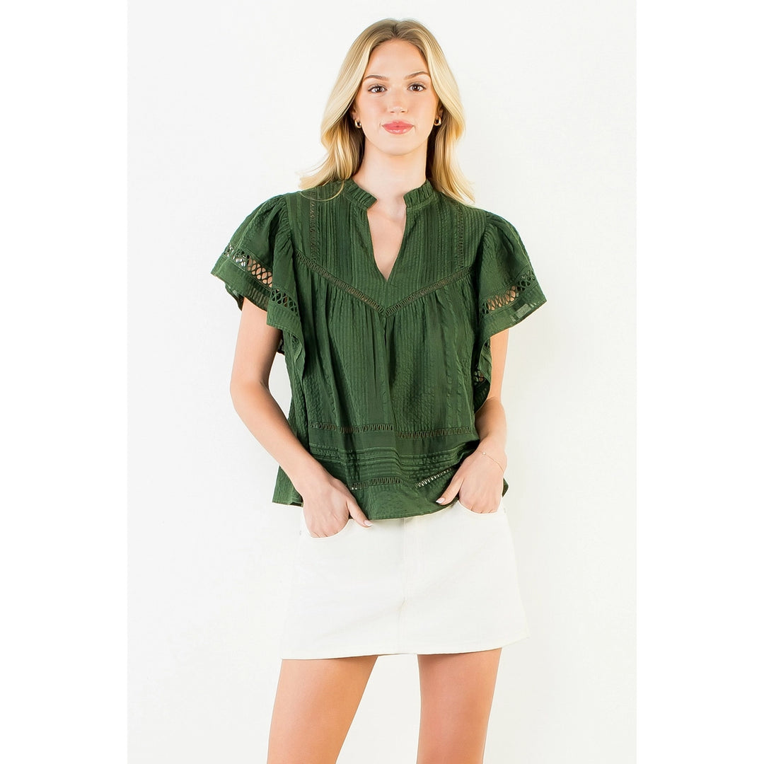 V Neck Fluttered Cut Out Top | Dark Green