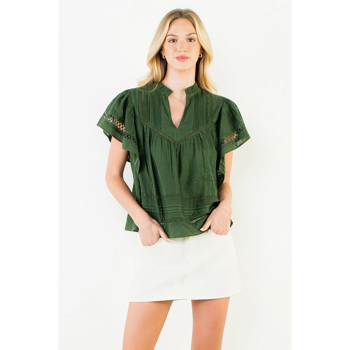 V Neck Fluttered Cut Out Top | Dark Green