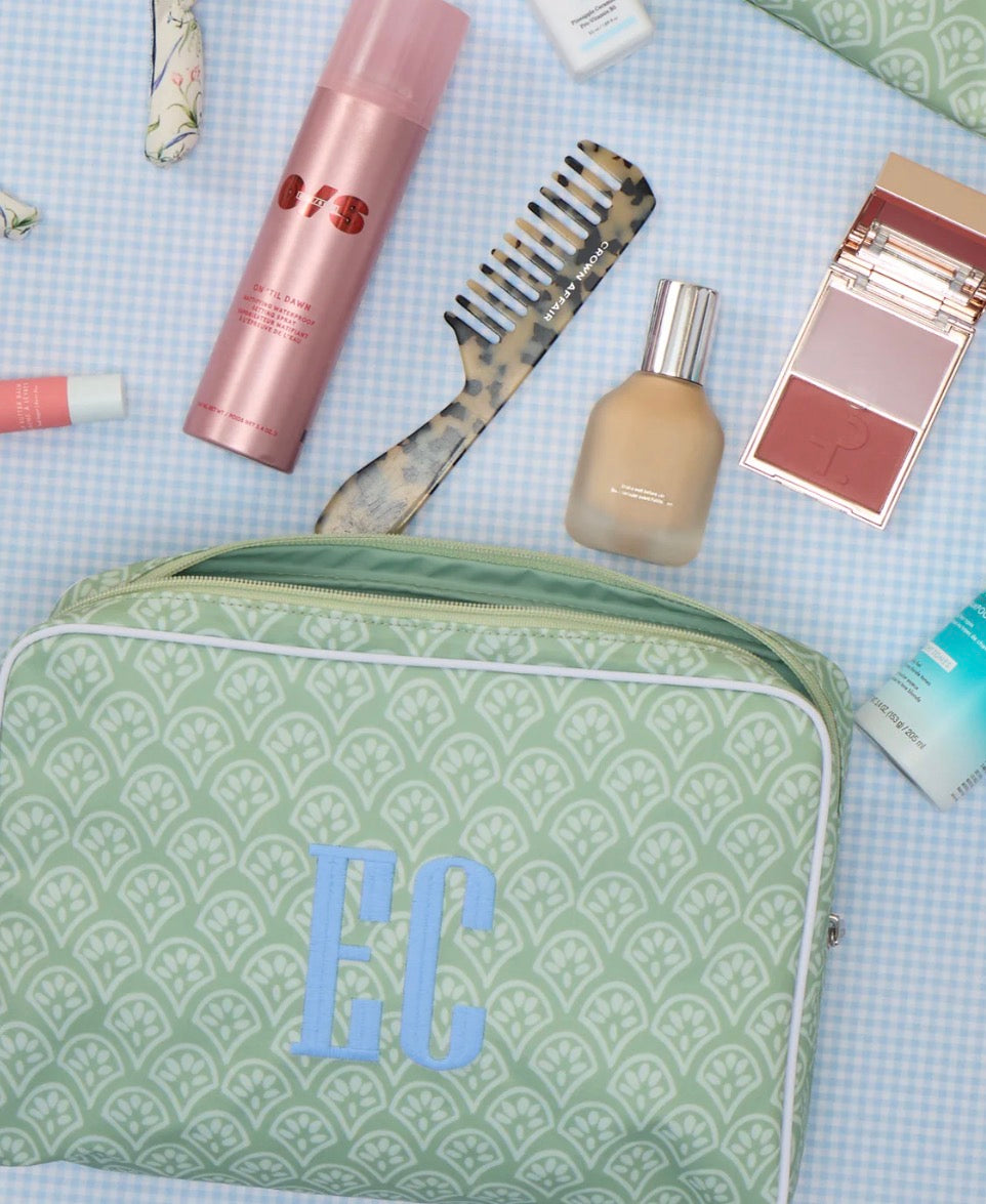Large Patterned Toiletry Bag | Green Block Print