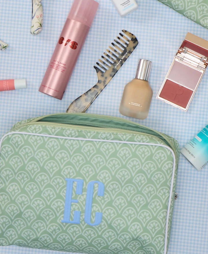Large Patterned Toiletry Bag | Green Block Print