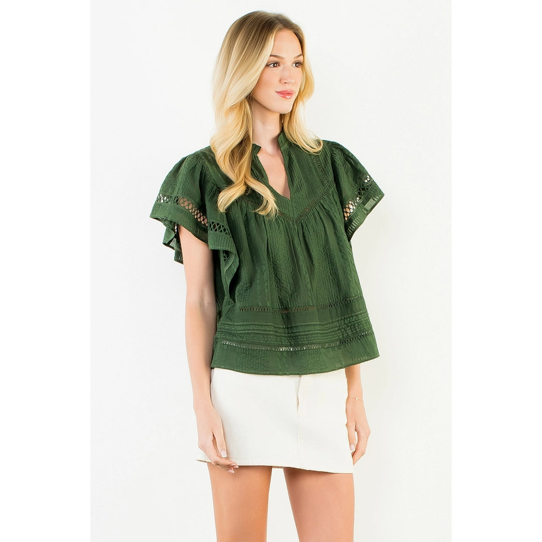 V Neck Fluttered Cut Out Top | Dark Green