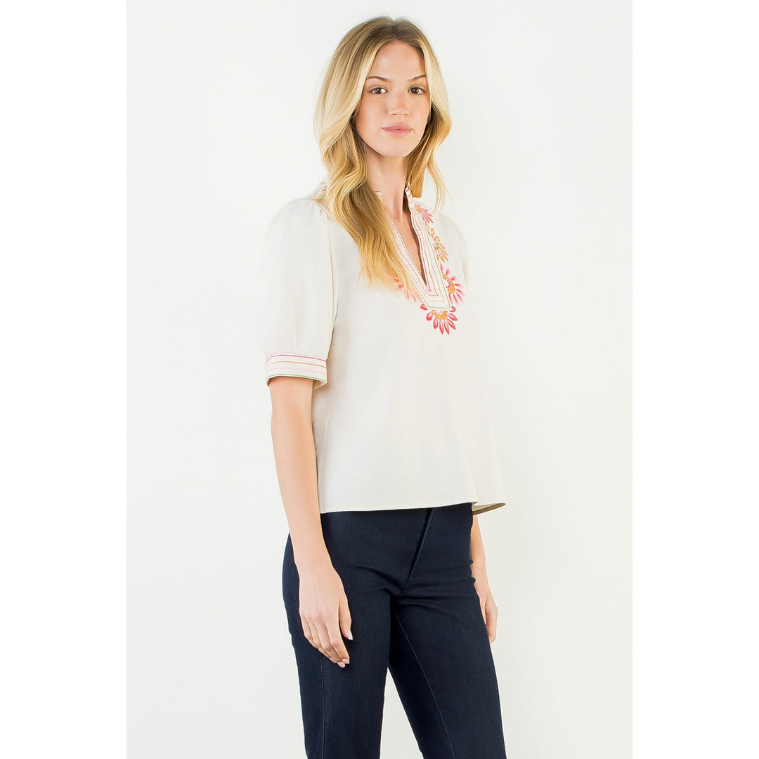 Puff Sleeve Floral Embroidery Top | Cream