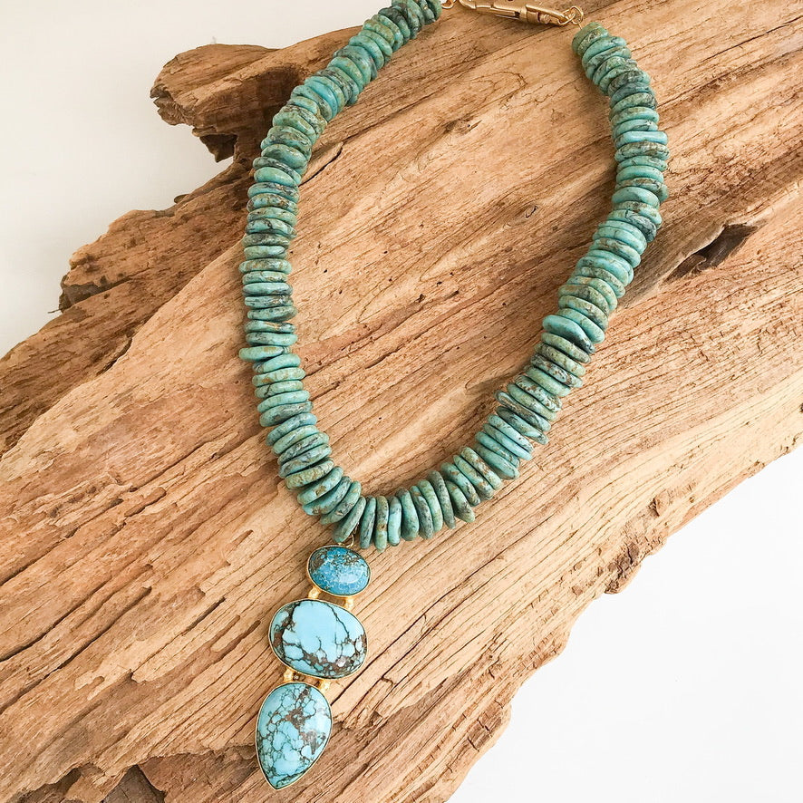 Triple Gemstone Pendant on Gemstone Heishi Necklace