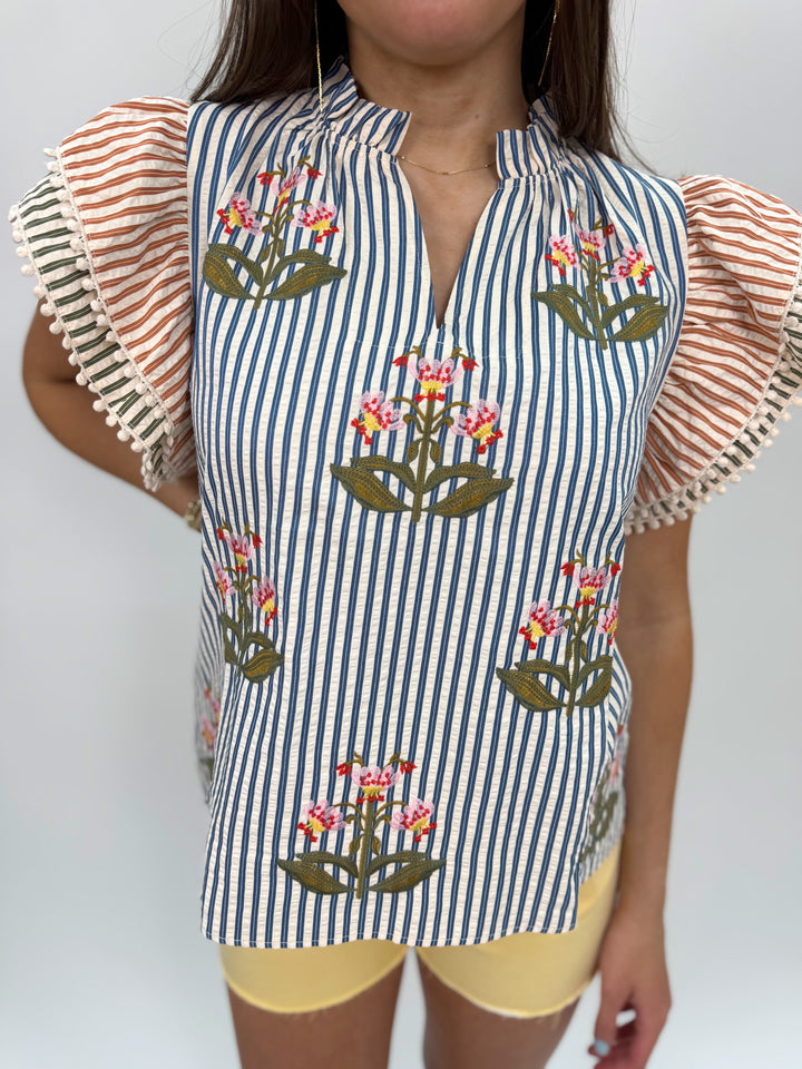 Flutter Sleeve Embroidered Striped Top