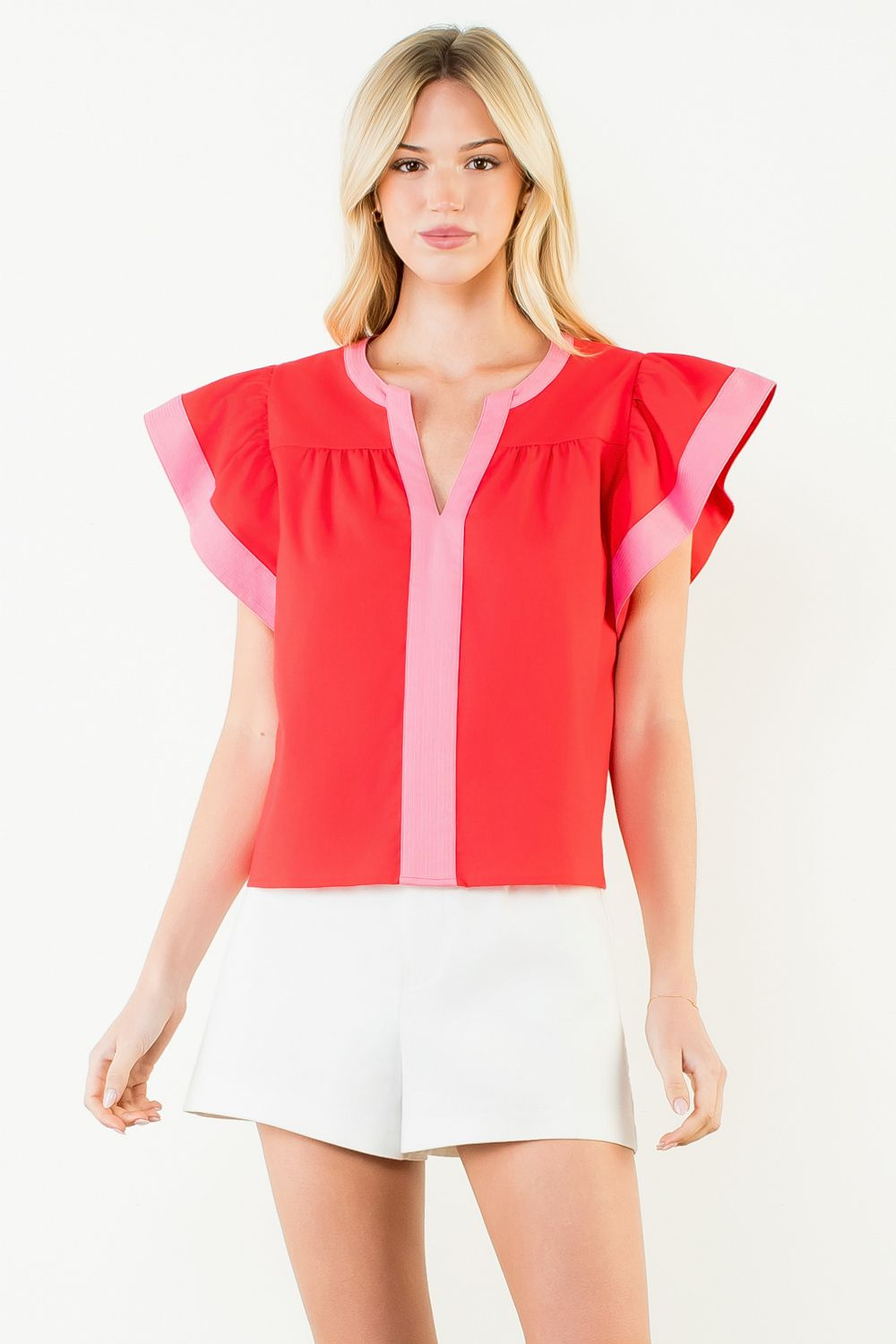 THML Flutter Sleeve V-Neck Top | Red