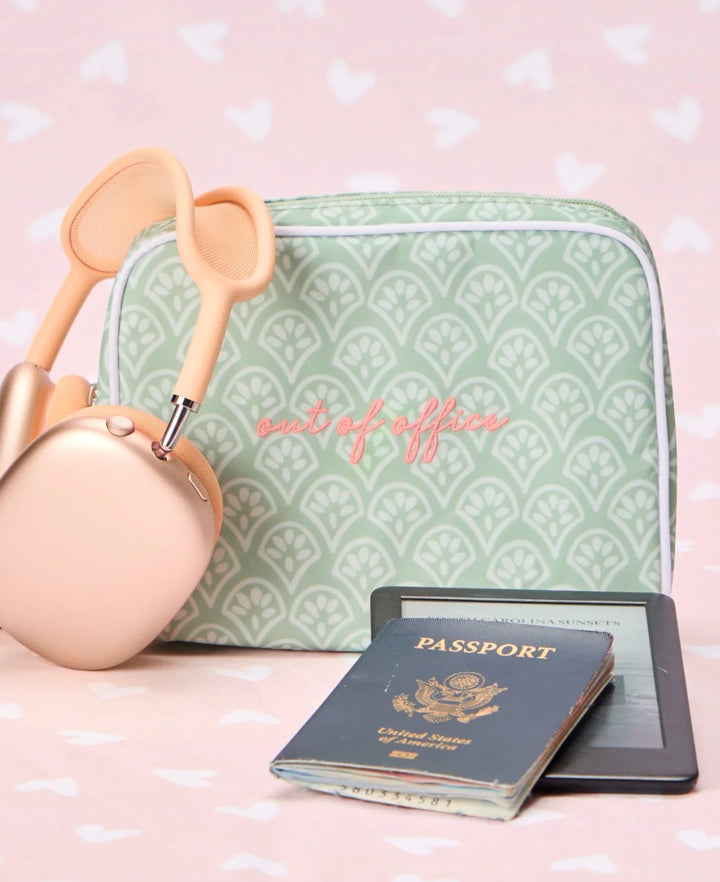 Medium Patterned Toiletry Bag | Green Block Print
