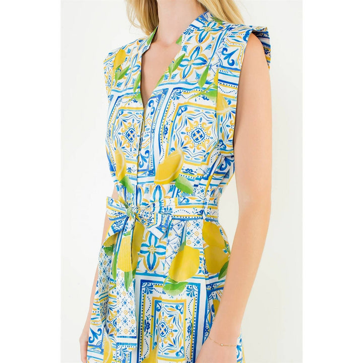 Button Down Midi Lemon Dress with Tie Waist