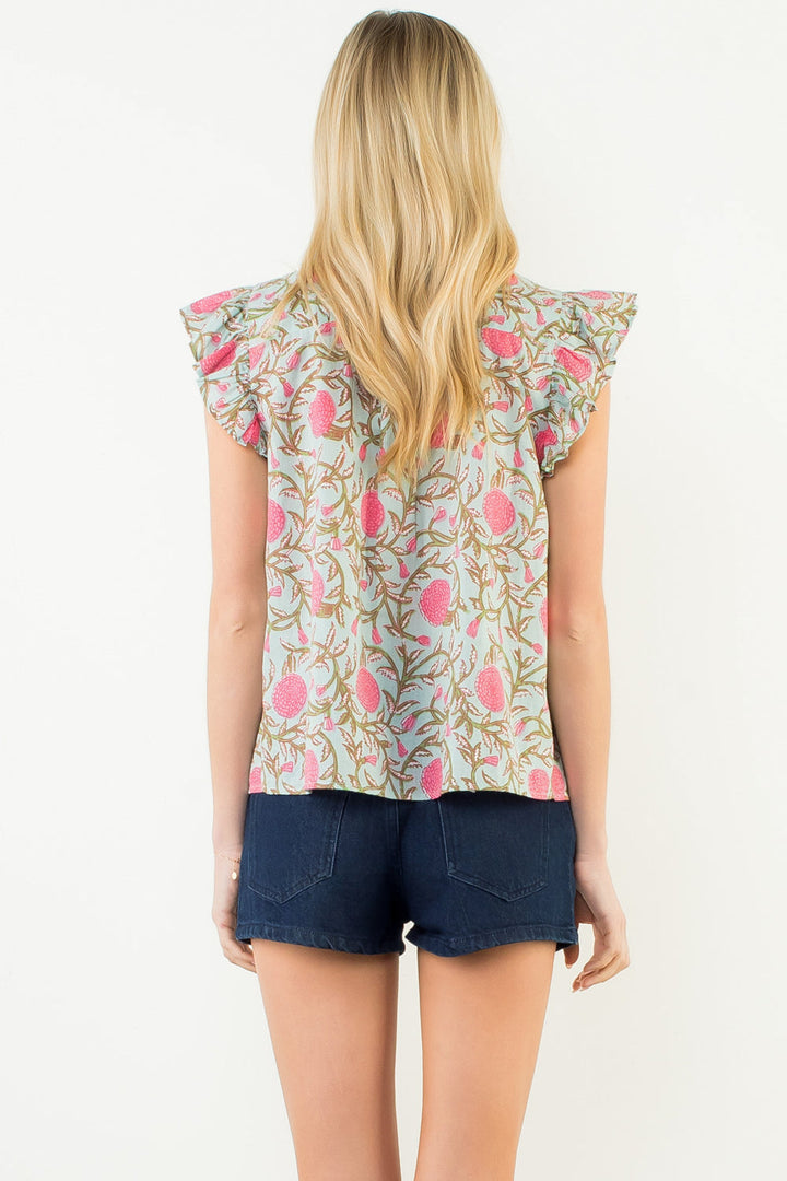 Flutter Sleeve Floral Detail Button Up Top | Mint and Pink