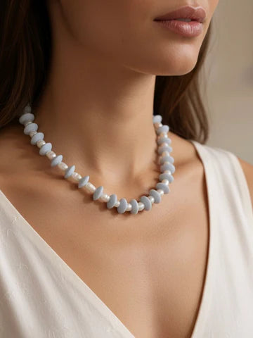 Farrah B Pearls Gone Wild Ashanti Glass and Pearl Beaded Necklace Light Blue