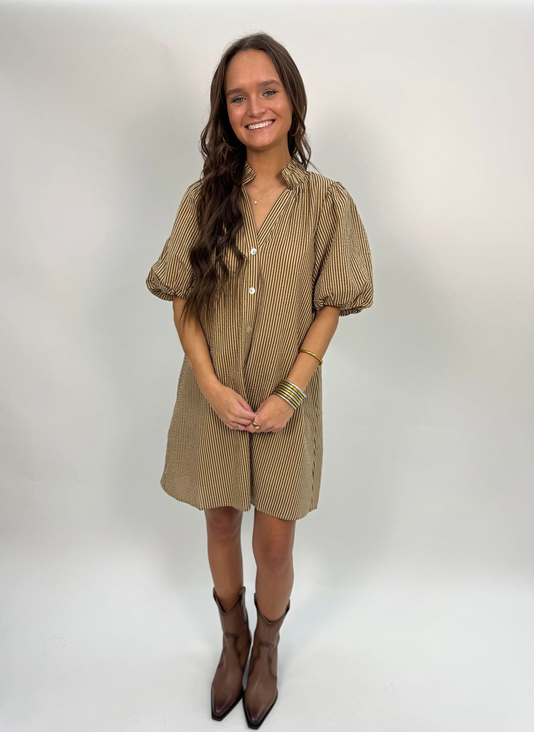 Puff Sleeve Striped Button Up Dress