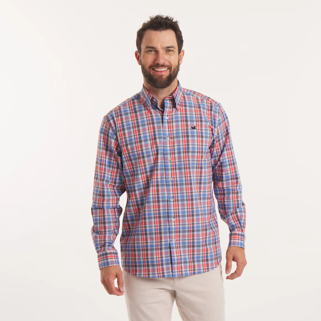 Franklin Plaid Performance Dress Shirt | Navy/Red