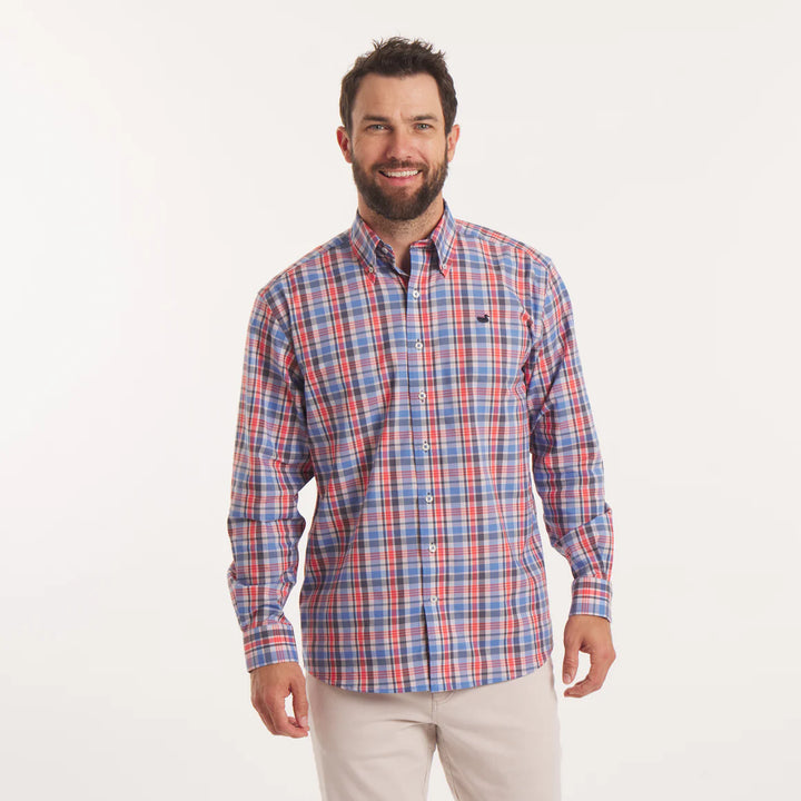 Franklin Plaid Performance Dress Shirt | Navy/Red