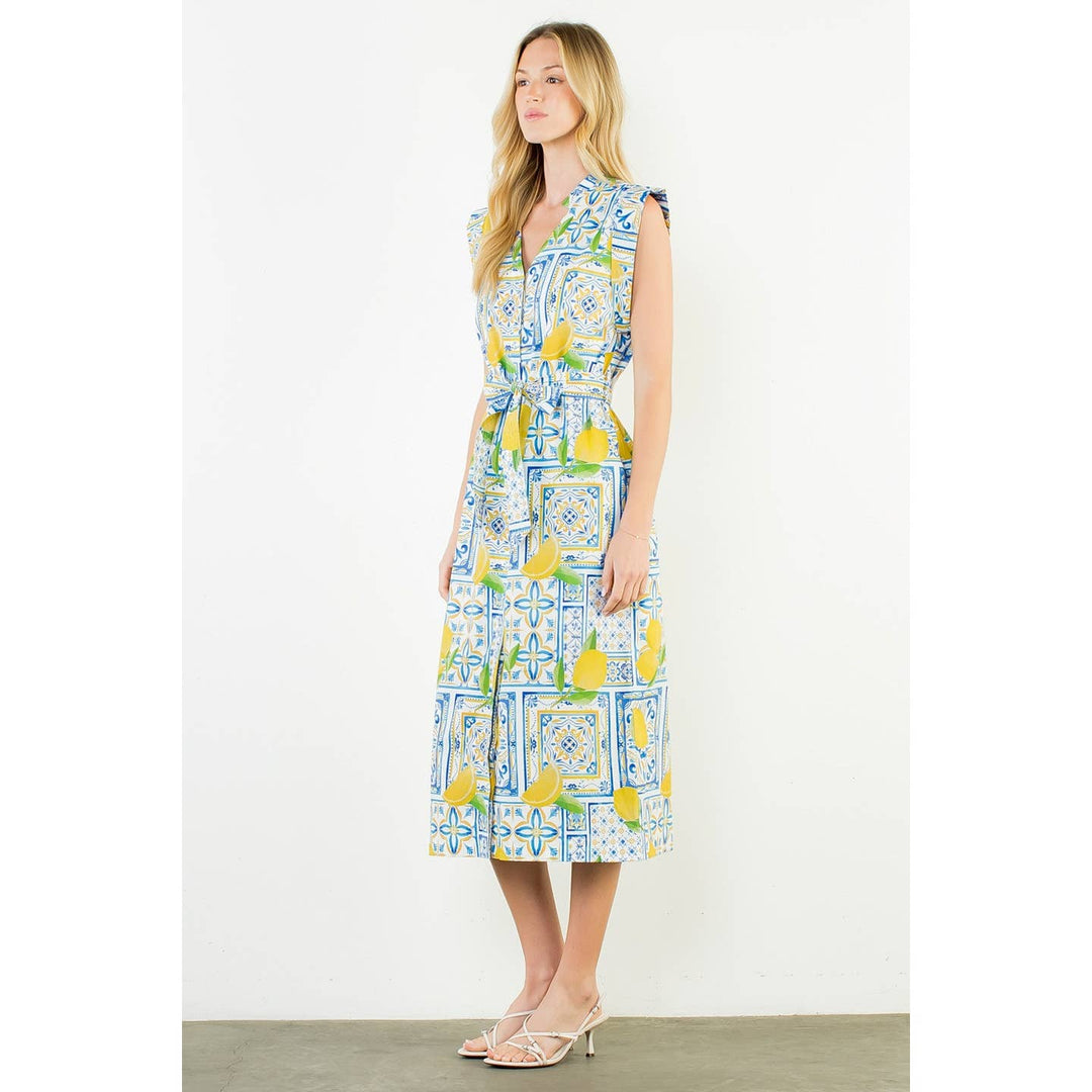 Button Down Midi Lemon Dress with Tie Waist