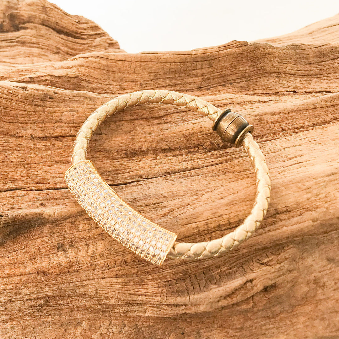 Virtue Pave Tube on Braided Leather Bracelet | Metallic Gold