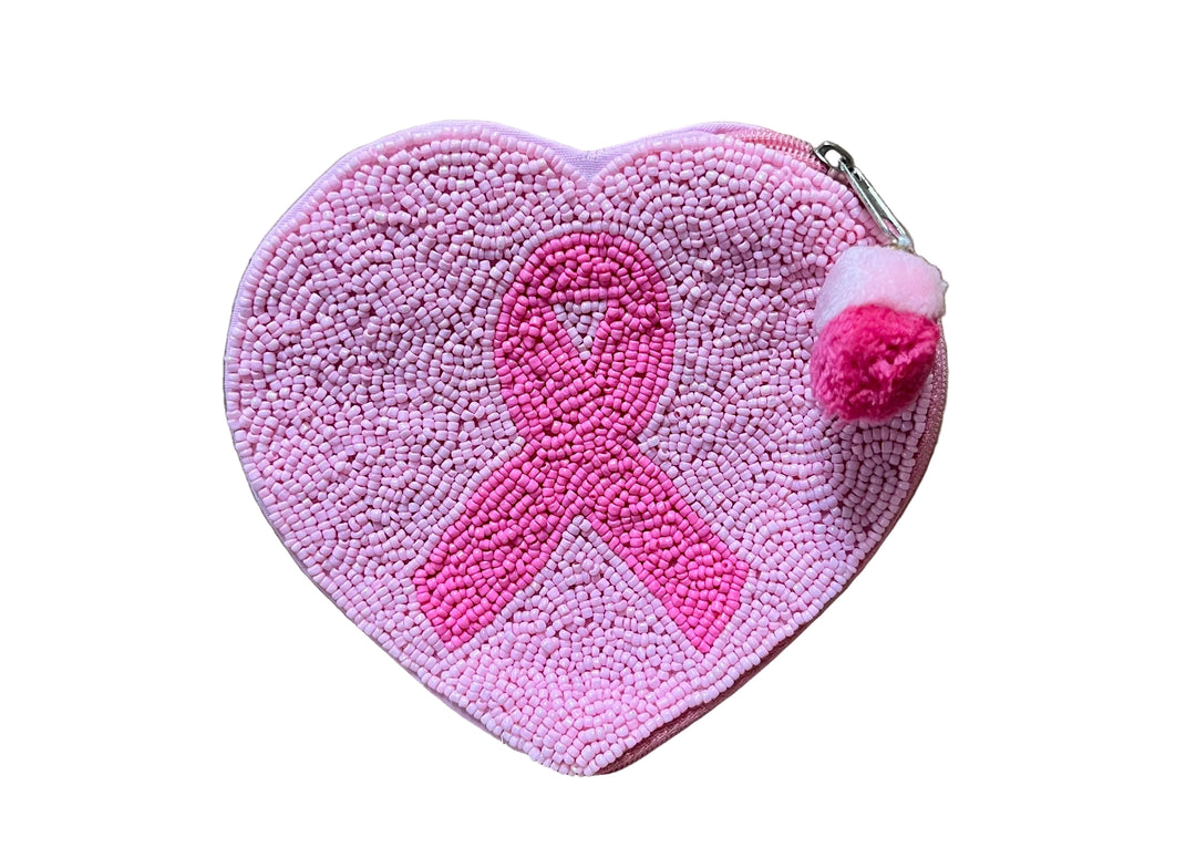 La Chic Pink Heart Breast Cancer Awareness Ribbon Beaded Coin Pouch