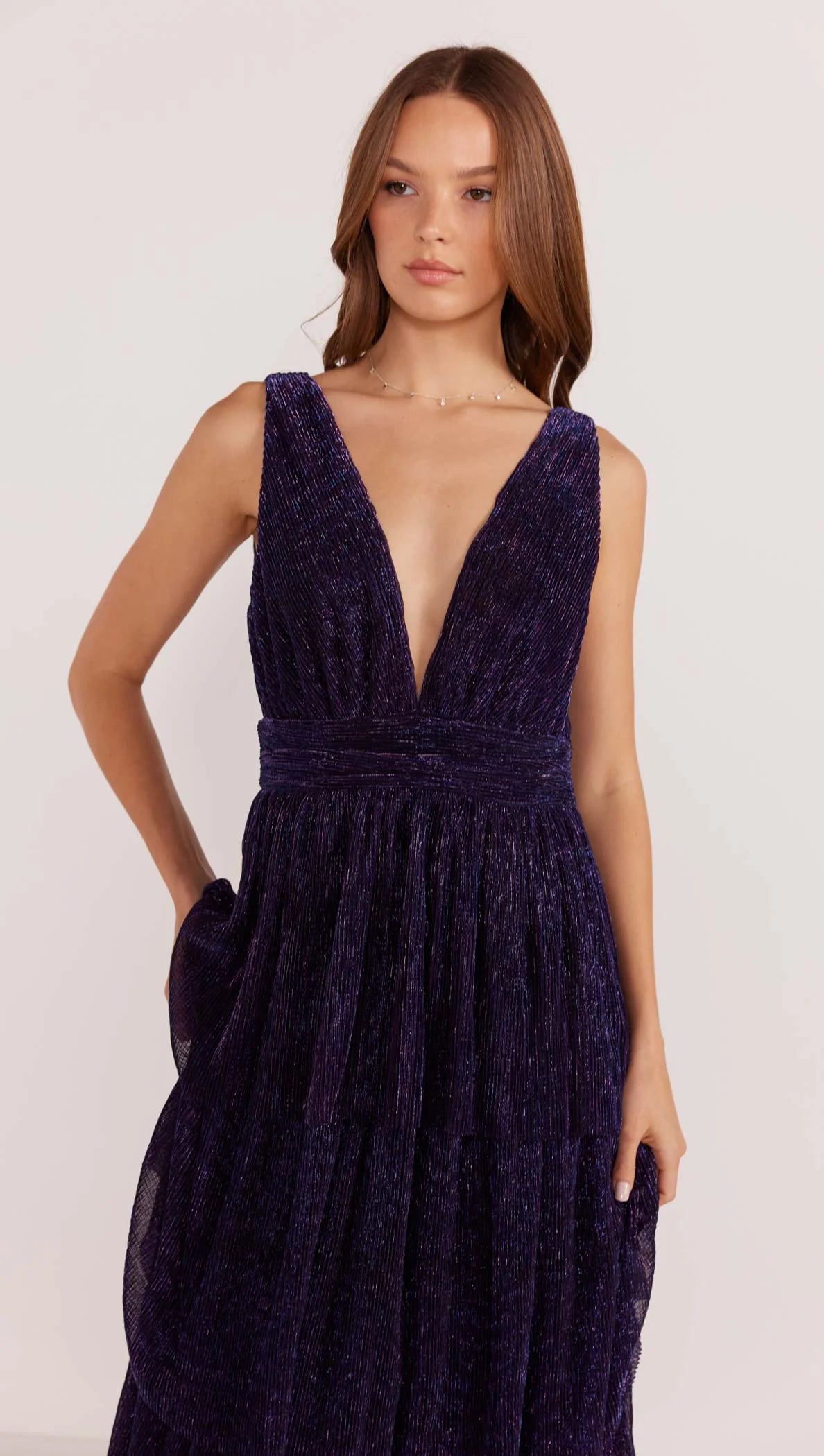 Enya Lurex Plisse Midi Purple Sparkle Dress *